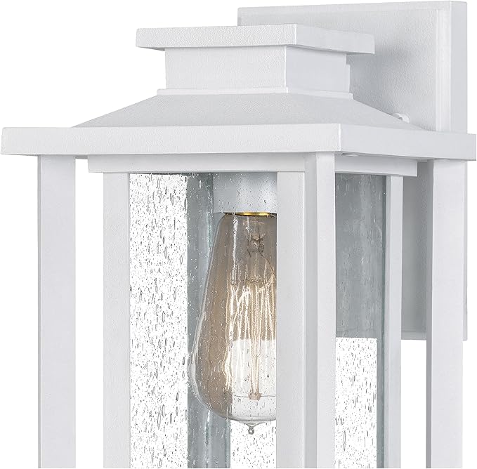 Quoizel Wakefield Vintage Wall Sconce, Coastal Armour 11 Inch 1-Light Matte White Wall Lantern, Clear Seedy Glass Light Fixtures, 100W Medium Base Bulb, Outside Lights for Patio, Porch or Garage