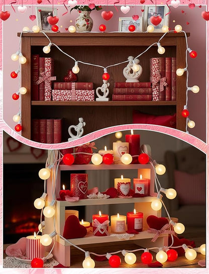 G40 LED Valentine’s Day String Lights, 25Ft Valentines Decorations Lights Outdoor with Frosted Red White Round Bulbs, Hanging Patio Lights Shatterproof for Indoor Home Decor Wedding Party, White Wire