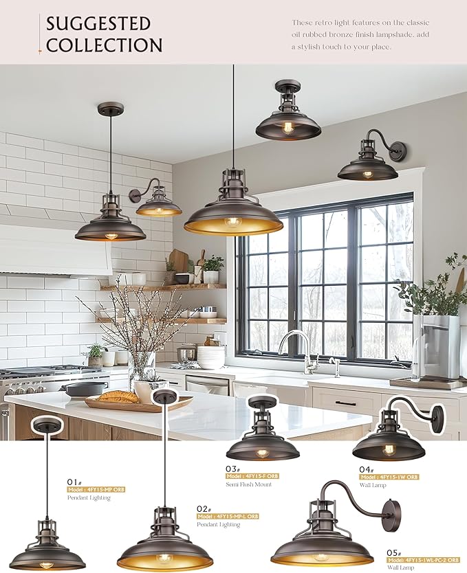 FEMILA 18" Outdoor Pendant Lights for Porch, 2 Pack, Farmhouse Pendant Light, Barn Vintage Hanging Light Fixture for Kitchen Island, Adjustable Height,Oil Rubbed Bronze Finish, 4FY15-MP-L-2 ORB