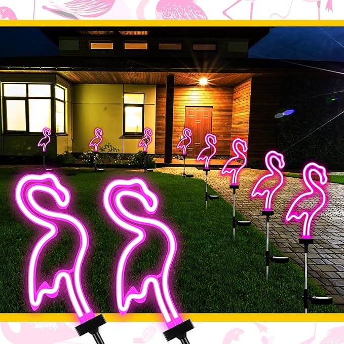 Flamingo Solar Lights Outdoor Neon Light Yard Pink Flamingo Waterproof Decorations for Garden Patio Yard Pathway Decoration(2 Pack)