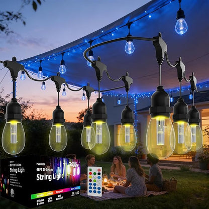 Outdoor String Lights Waterproof - 48FT Color Changing Led Outside Patio Light with 20 Bulbs, Remote Control RGBW Outside Lights for House Yard Party Balcony Bistro Backyard Decor