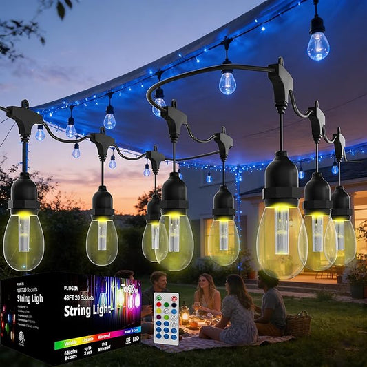 Outdoor String Lights Waterproof - 48FT Color Changing Led Outside Patio Light with 20 Bulbs, Remote Control RGBW Outside Lights for House Yard Party Balcony Bistro Backyard Decor