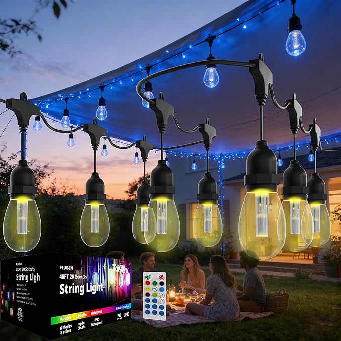 Outdoor String Lights Waterproof - 24FT Color Changing Led Outside Patio Light with 12 Bulbs, Remote Control RGBW Outside Lights for House Yard Party Balcony Bistro Backyard Decor