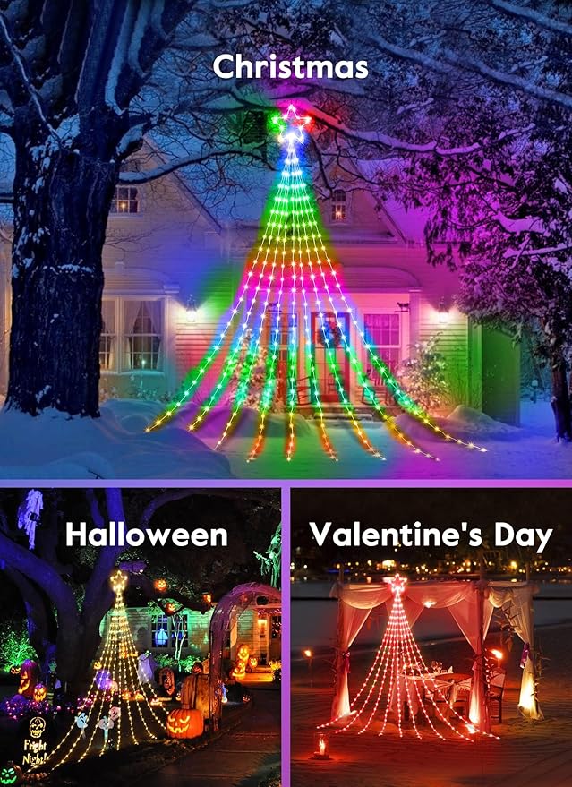 Outdoor Christmas Star String Lights, Smart RGB Waterfall Tree String Light with APP Remote Control, DIY Modes Dimmable Timer Music Sync Shooting Star Fairy Lights for Indoor Outdoor Garden Decoration
