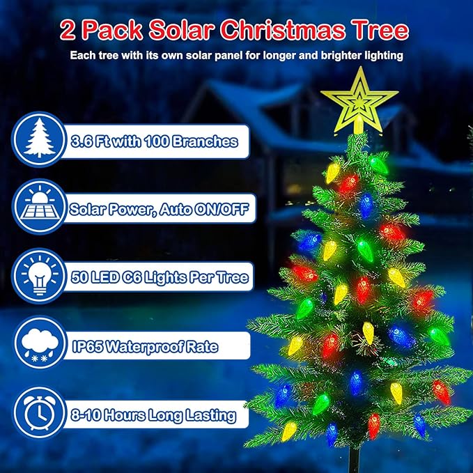 2-Pack 3.6FT Solar Christmas Tree Outdoor Christmas Decorations, 8 Modes Solar Xmas Tree Lights with 100 LED, Waterproof Solar Christmas Lights for Yard Front Porch Pathway Grave Cemetery Decor