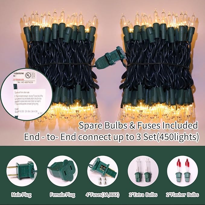 LAMPHOME Clear Christmas String Lights 150 Count 31.9Ft Incandescent Bulb Mini Lights for Indoor Outdoor Xmas Tree Garland Birthday Wedding Party Festival Decoration, Green Wire