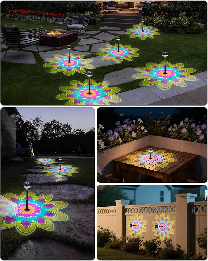 Solar Pathway Lights Outdoor, 8 Pack 1200mAh Solar Powered Garden Lights, 2 Themes Flower & Christmas, Height-Adjustable, Waterproof LED Projection Lighting for Yard Walkway Driveway Patio Decor