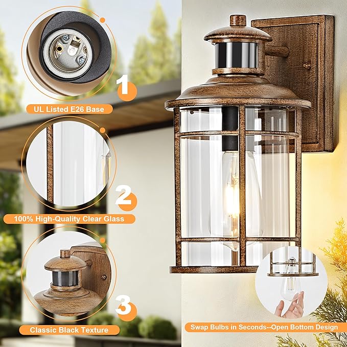 OKELI Motion Sensor Outdoor Wall Lights-Dusk to Dawn Porch Light,Faux Wood Grain Outdoor Lights Fixture,3 Lighting Modes Waterproof Anti-Rust Outdoor Lights for House Porch Garage (2 Pack