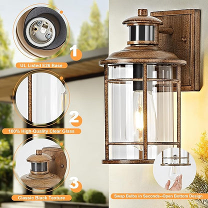 OKELI Motion Sensor Outdoor Wall Lights-Dusk to Dawn Porch Light,Faux Wood Grain Outdoor Lights Fixture,3 Lighting Modes Waterproof Anti-Rust Outdoor Lights for House Porch Garage (2 Pack
