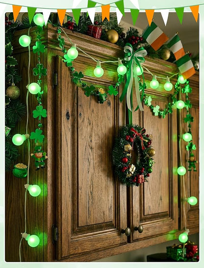 G40 LED St. Patrick's Day String Lights Outdoor, 25Ft St Patricks Decorations Lights Outdoor with Ceramic Green Round Bulbs, Hanging Patio Lights Shatterproof for Indoor Home Decor Party, White Wire