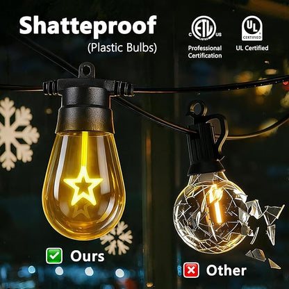 LED Outdoor String Lights, 50FT Patio Lights with 16Pcs Shatterproof S14 Bulb(1 Spare),4 Lighting Mode, Connectable, Waterproof Warm White Edison Plastic Bulb Hanging Light for Gazebo Porch Décor