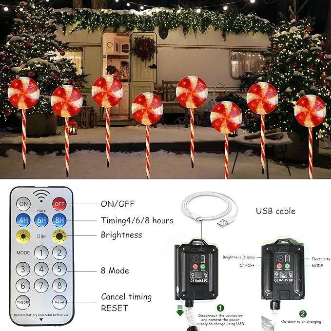 Candy Christmas Decorations Pathway Outdoor Solar Lights, 29 inches 80 LED Lighted Lollipop Solar Christmas Lights with 8 Modes Waterproof String Lights, Outdoor Lights for Yard Patio Walkway-4PCS