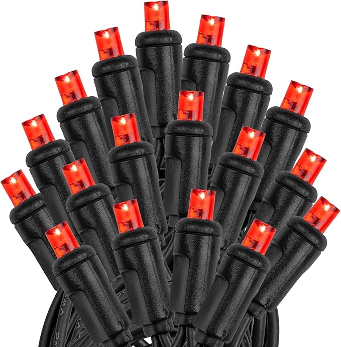 Novelty Lights 25ft Christmas String Lights, 50 Red LED Bulbs on Black Wire, 6" Spacing, Connectable Indoor Outdoor Commercial Grade Lighting for Holidays Patio Weddings