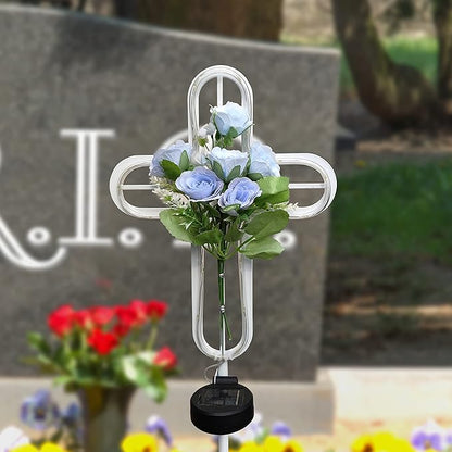 38 inch Cross Solar Light Outdoor Art Decoration - Metal and Blue Artificial Flower Craft Solar Light Stake- for Scenes Such as Garden Lawn Patio Patio Cemetery or Auditorium.