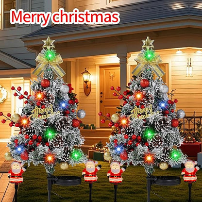 2 Packs Solar Christmas Tree - 34 Inch 40 LED Lights with 4 Glowing Mini Santas, 2 Modes, Waterproof Outdoor Solar Powered Xmas Decor for Garden Yard Pathway Lawn