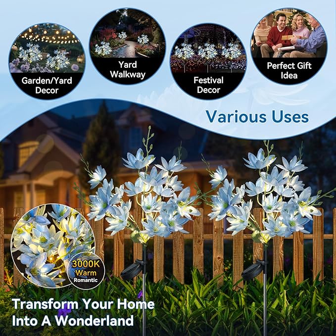 Neporal Solar Flowers Outdoor Waterproof IP65, 5-Head Snow Lotus with 20+ Flowers, Warm LED Light & 2 Lighting Modes, Decorative Solar Lights Outdoor Garden, Yard, Pathway, Flower Bed (4-Pack, Blue)