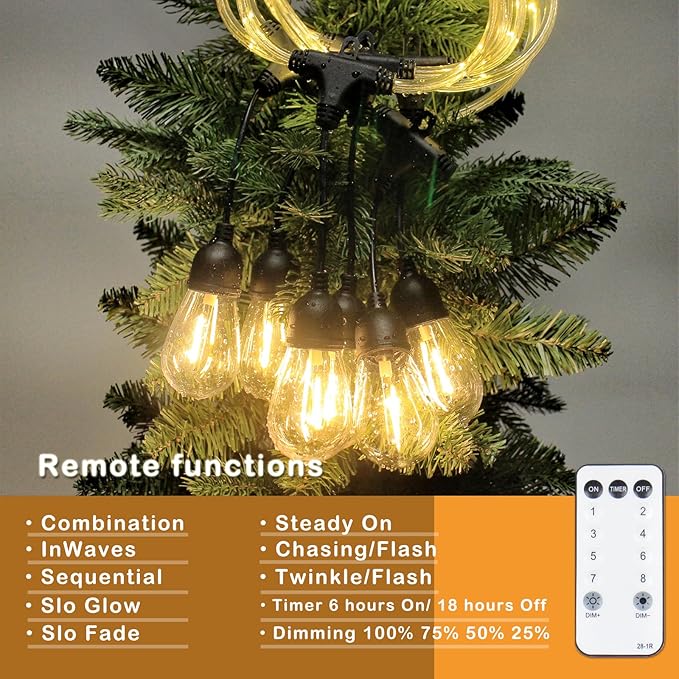LED Outdoor Edison String Lights Waterproof with Remote 28.2FT, 12 Shatterproof Bulbs with Timer and IC Function, Patio & Backyard Lights, Dimmable Warm White 2700K, ETL Certified