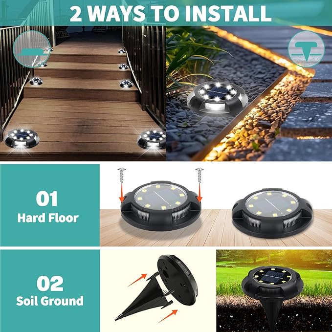 Solar Ground Lights, 8 Pack 12 LED Solar Disk Lights Outdoor Waterproof In-Ground Landscape Lighting for Garden | Lumora