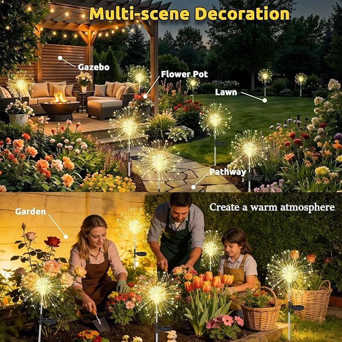 Solar Garden Lights Outdoor，2 Pack 120 LED Solar Fireworks Lights Outdoor Waterproof，8 Modes Starlit Starburst Light DIY for Yard Patio Pathway Planter Party Wedding Flowerbed Decor