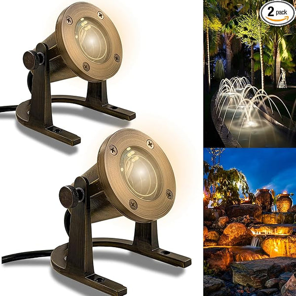 Waterproof Brass Underwater Light Fixture for Patio, Pond, Fountain, Waterfall - 2 Pack | Lumora