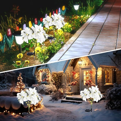 VIHOSE 4 Pcs Christmas Solar Poinsettia Lights Outdoor Artificial Flowers Landscape Waterproof Solar Poinsettia Lights for Yard Lawn Patio Garden Pathway Xmas Party Supplies (7 Flowers,White)