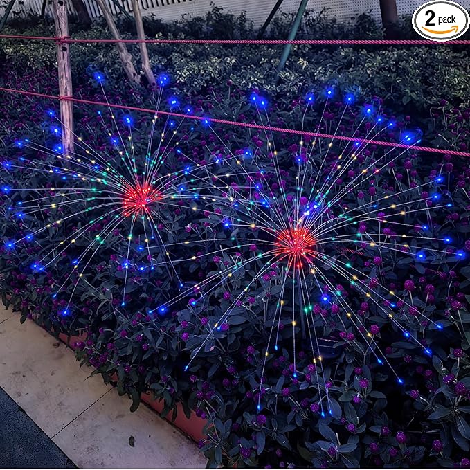 Solar Garden Firework Lights Outdoor Waterproof, 2 Pack 200 LED 8 Lighting Modes Sparklers Solar Twinkling Starburst Lights for Yard Flowerbed Pathway Fence Decorations, Multicolor