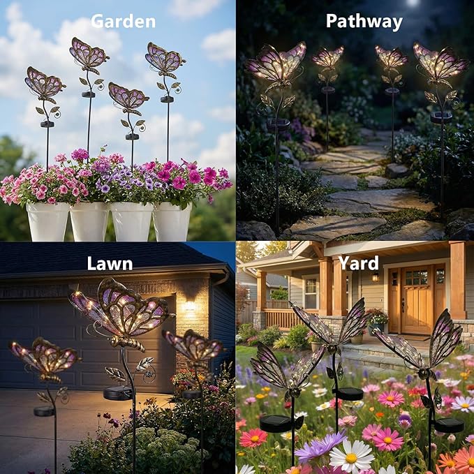 Decorative Outdoor Solar Butterfly Lights,Warm LED Handcrafted Pink Glass Stakes, 35 Inch Tall, Auto On-Off for Up to 8 Hours Glow, Waterproof Yard Patio Ornaments