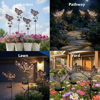 Decorative Outdoor Solar Butterfly Lights,Warm LED Handcrafted Pink Glass Stakes, 35 Inch Tall, Auto On-Off for Up to 8 Hours Glow, Waterproof Yard Patio Ornaments
