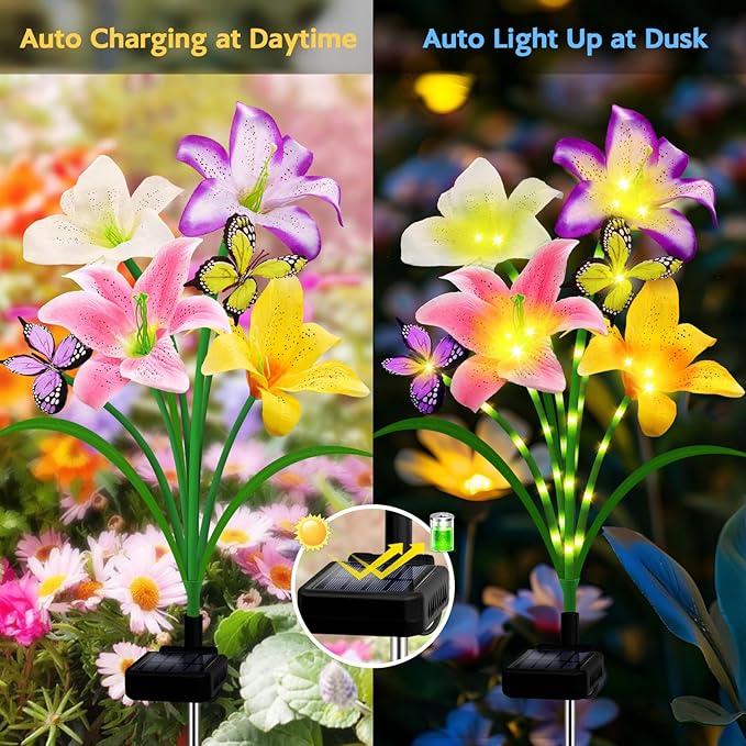 Solar Garden Lights 2 Pack 8 Lily Flowers with Butterfly Decor,Gifts for Mom Woman Birthday Solar Flower Lights for | Lumora