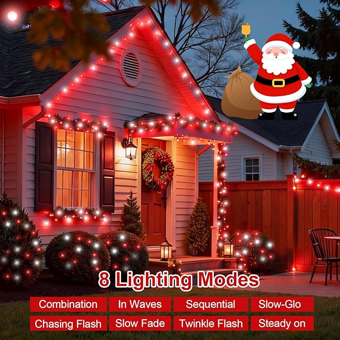 QITONG 2 Pack Red and White Solar String Lights, Each 66ft 200 LED Solar Christmas Lights Outdoor Waterproof, 8 | Lumora