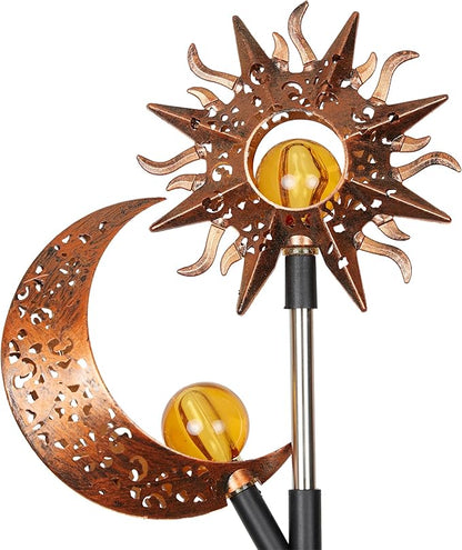 Alpine Corporation 38" Tall Solar Celestial Garden Stakes with Warm White LED Lights Sun, Moon and Star, Outdoor Decor - Set of 2