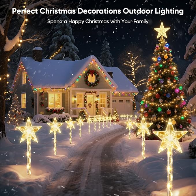 Solar Lights Outdoor Christmas Decorations: 8 Pack 64 Warm White LED Star Pathway Lights - 2025 Upgrade Outside Solar Christmas Decorations with 8 Modes for Yard Garden Porch Lawn Decor