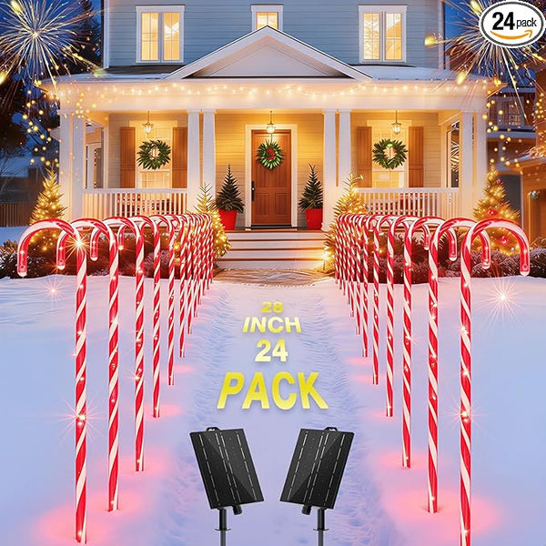COOLWUFAN 24 Pack 28" Solar Candy Cane Path Lights Christmas Decorations, 4 Brightness Levels 264 Bright LEDs | Lumora