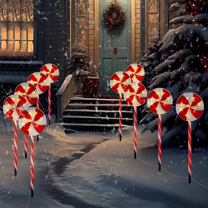 Bencailor 10 Pcs Christmas Pathway Marker Light Xmas Red and White Lollipop Solar Powered Light Christmas Outdoor Decoration Candy Cane Driveway Plugin for Yard Patio(Novel)