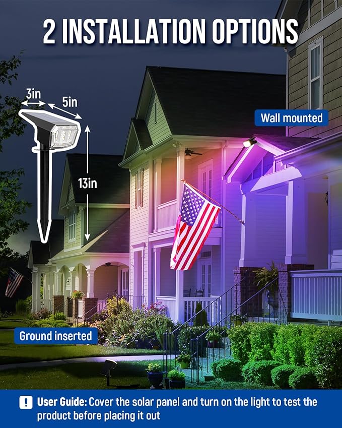 Solar Spot Lights Outdoor, 9 Lighting Modes RGB, Solar Lights Outdoor Waterproof IP65, 63 LED Landscape Spotlights | Lumora