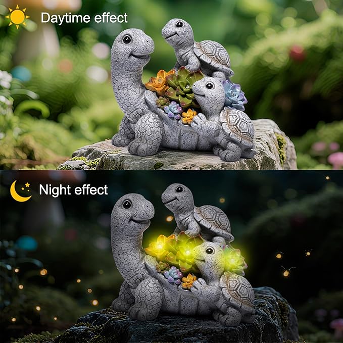 basen Solar Turtle Garden Statue with LED Succulent Lights, Resin Outdoor Tortoise Family Figurine, Waterproof Yard Lawn Patio Decor, Cute Animal Sculpture for Porch, Backyard, Gift