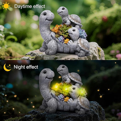 basen Solar Turtle Garden Statue with LED Succulent Lights, Resin Outdoor Tortoise Family Figurine, Waterproof Yard Lawn Patio Decor, Cute Animal Sculpture for Porch, Backyard, Gift