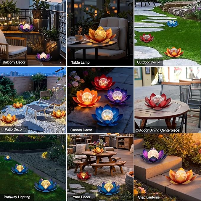 Huaxu Solar Lights Outdoor Garden Decoration Crackle Globe Glass Waterproof LED Metal Blue Lotus Flowers Gift for | Lumora