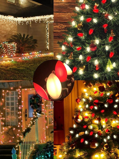 C9 LED Christmas Lights, 25Ft Vintage C9 Christmas Lights with 26 LED Ceramic Red White Bulbs, Hanging Connectable Xmas String Lights for Patio Garden Holiday Home Xmas Decor-Green Wire