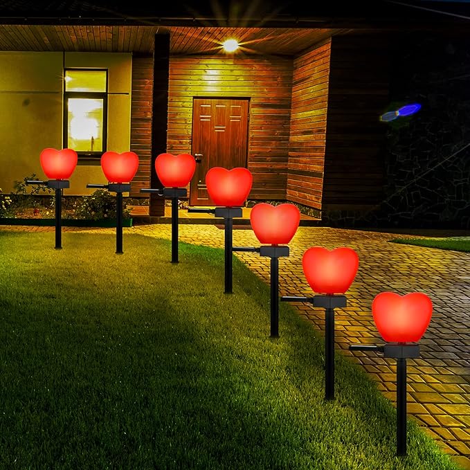 Hortsun 4 Pack Valentine's Day Solar Stake Lights Red Heart Waterproof LED Lights for Patio Lawn Outdoor Pathway Walkway Landscape Garden Decoration