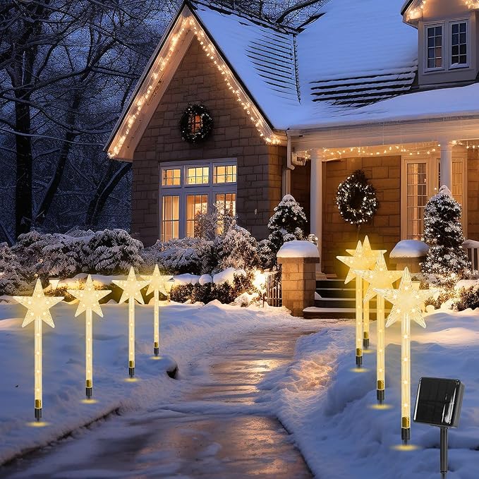 Solar Christmas Decorations Outdoor-8 Pack 64 Warm White LED Star Pathway Lights with 8 Modes IP64 Waterproof Xmas Decoration for Garden Patio Yard Porch Driveway