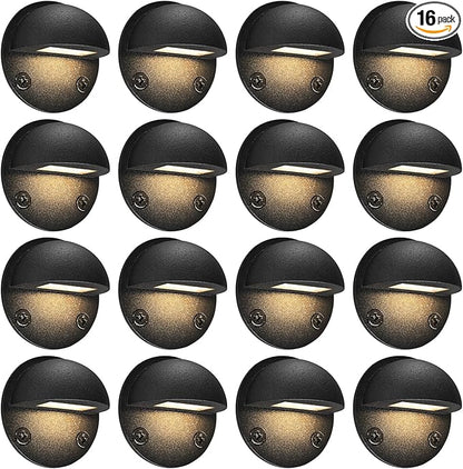 GKOLED 16-Pack Low Voltage LED Deck Light Fixture, Mini Size Eyelid Step Lights with 0.8W 3000K Integrated LED Chips, IP65+ Waterproof for Outdoor, Die-cast Aluminum with Powder Coated Finish