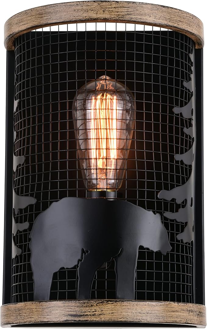 VAXCEL Kodiak 1 Light Black Cage Rustic Wall Sconce Bear and Tree Motif | Lumora