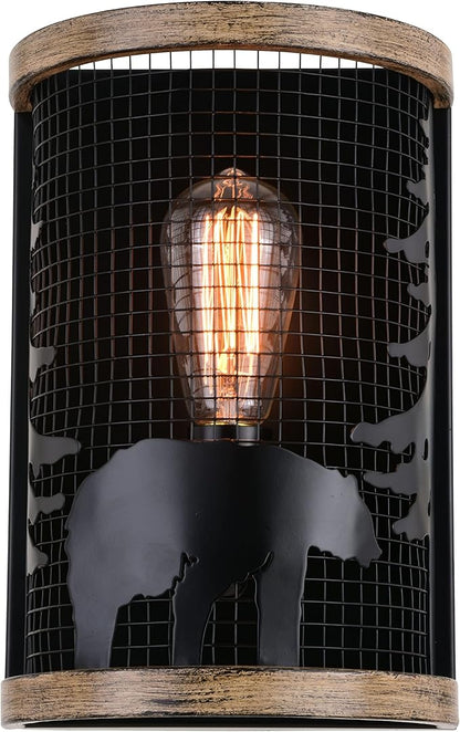 VAXCEL Kodiak 1 Light Black Cage Rustic Wall Sconce Bear and Tree Motif