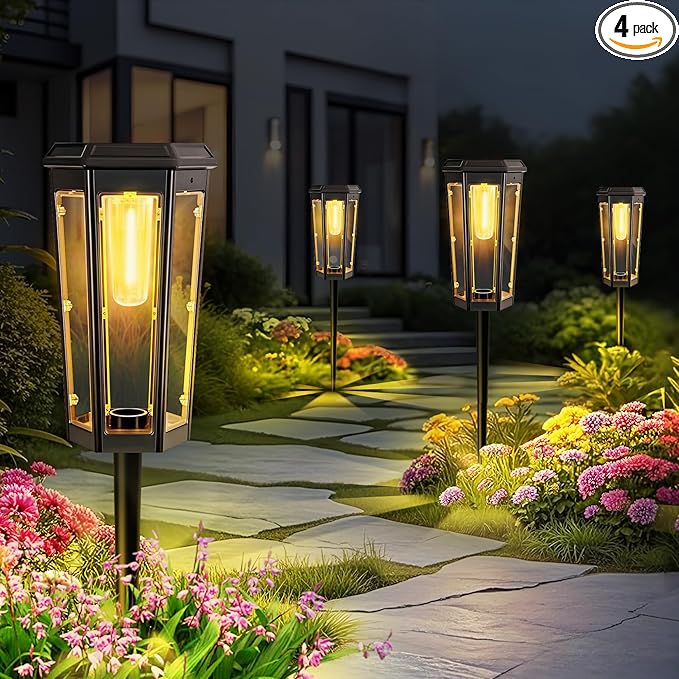 Solar Pathway Lights Outdoor, 4 Pack Bright Solar Lights Outdoor Waterproof, Bright Up to 10 Hrs, Auto On/Off Garden Lights for Yard, Landscape, Driveway, Walkway with 2 Lighting Modes