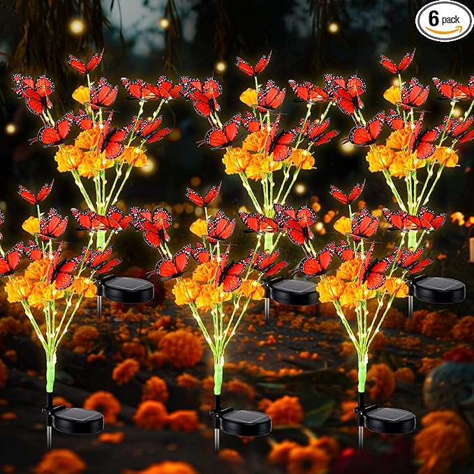 Riakrum 6 Pack Dia De Los Muertos Outdoor Decorations, Solar Marigold Lights with Monarch Butterflies Garden Waterproof Solar Lights for Day of The Dead Grave Halloween Diwali Indian Altar Cemetery