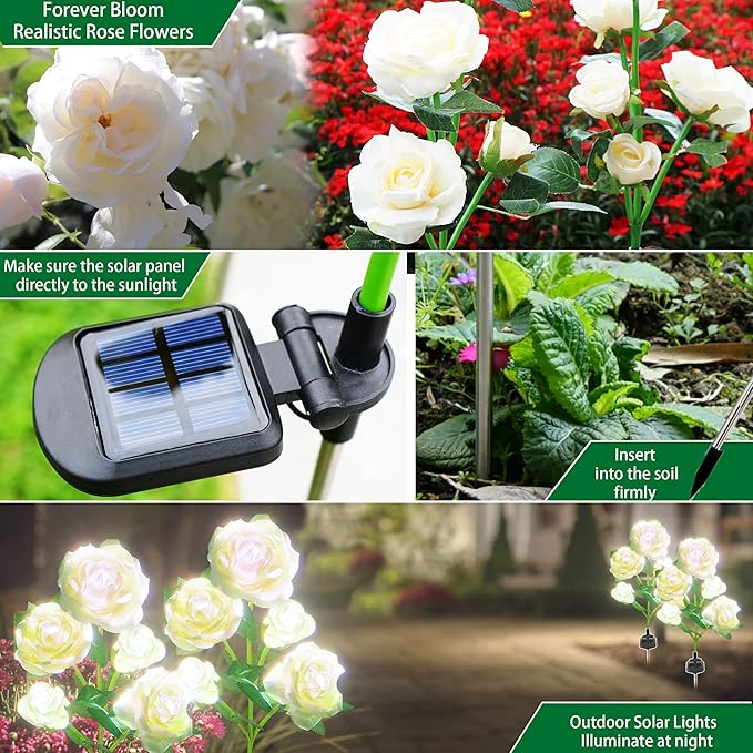Solar Flowers Lights Outdoor Garden Waterproof [Updated] 2 Pack 10 White Roses Decortive Lights for Garden Patio Yard Grave Decorations for Cemetery