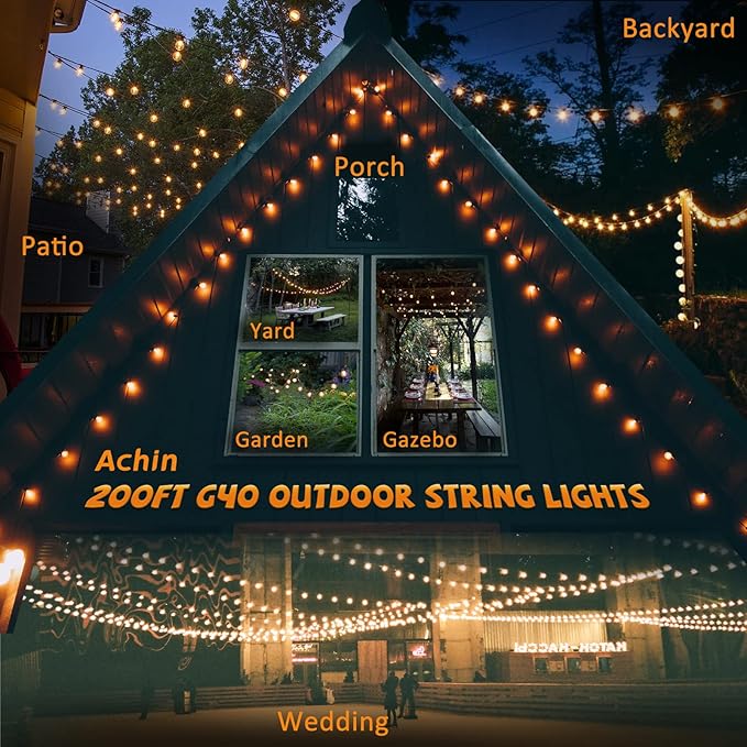 Achin 200FT Outdoor String Lights G40 Globe Patio Lights Waterproof Outdoor Hanging Lights with 104 Shatterproof | Lumora