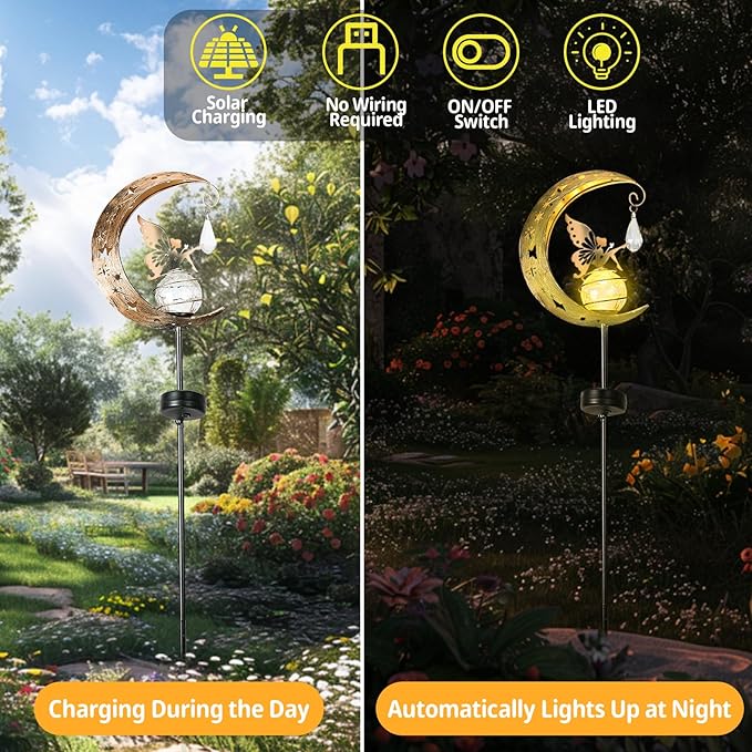 LOVERUIS Solar Garden Lights Outdoor Fairy Moon Lamp Waterproof Moon Garden Solar Light with Crackle Glass Ball LED Stake Lights Angel Decorative for Grave Balcony Lawn Patio Pathway (ARS-XIANNV)