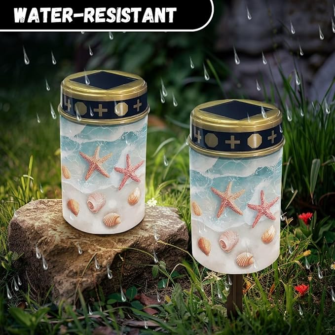 ZOUTAIRONG Solar Light for Cemetery Grave Garden Lights Red Starfish Conch Pattern Solar Powered Pathway Lights Outdoor Cemetery Lamp-2 Pack
